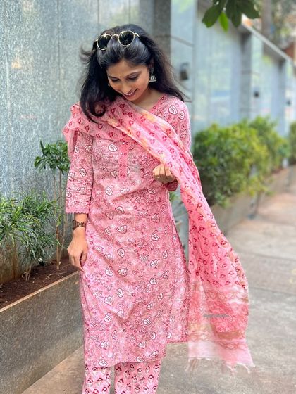 This pink printed suit with a matching dupatta is a perfect pick from my festive collection. The soft pink tones are both soothing and celebratory.