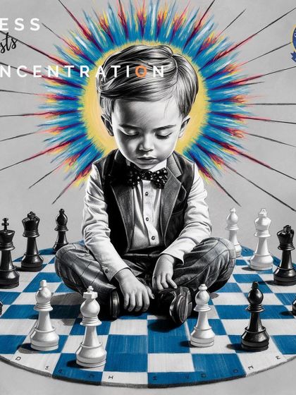 Chess boosts concentration. A young player sits in deep meditation on a circular chessboard, representing the intense focus required to excel.