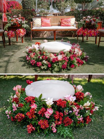 A special low seating arrangement for the Mehendi artist and guests, featuring a comfortable cushion surrounded by a beautiful wreath of fresh flowers.