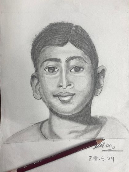 The final pencil sketch by our 13 year old student, created from a reference photograph. This piece showcases his ability to capture a likeness and use shading to create a three dimensional effect.