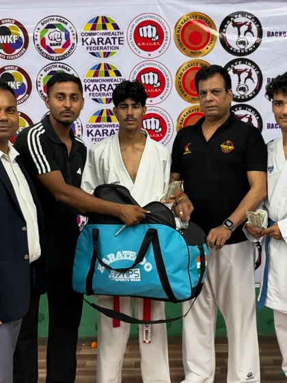 A junior challenger receiving his prize from Hanshi Bharat Sharma ji at the 2nd Victor Cup Open Karate Championship. We are grateful for the support of our seniors.