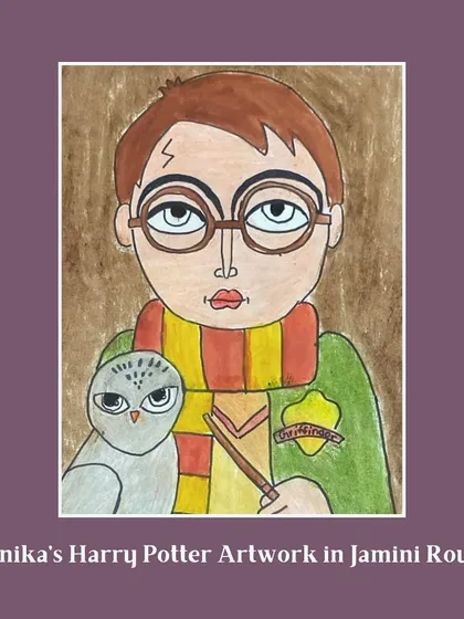 A creative fusion of pop culture and traditional art. Here, Taarunika has drawn Harry Potter in the distinctive style of Indian artist Jamini Roy.