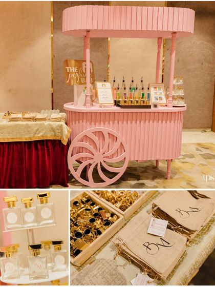 A custom perfume bar set up on a charming pink cart. This collage also shows the personalized jute bags and perfume bottles that guests took home as favours.