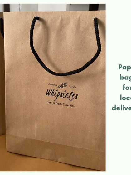For local deliveries, we use these sturdy paper bags with our logo. They are reusable and a great alternative to plastic, aligning with our plastic-free mission.