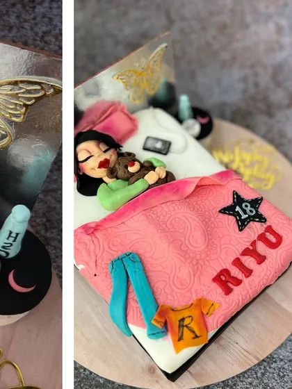 An angled shot of the 18th birthday cake, revealing more details like the fondant clothes and personalized name.