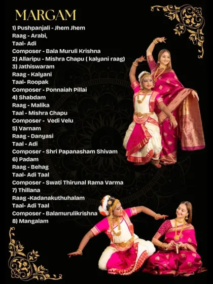 The Margam is the traditional sequence of a Bharatanatyam recital. This part of the Arangetram invitation lists the eight distinct pieces Ishita will perform, from the opening Pushpanjali to the concluding Mangalam, showcasing the comprehensive repertoire she has mastered.