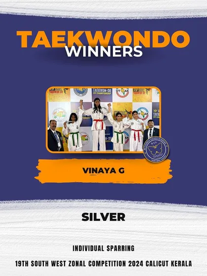 Vinaya G celebrates her Silver medal win in Individual Sparring at the Zonal Competition, a testament to her hard work and the quality of our sparring training.