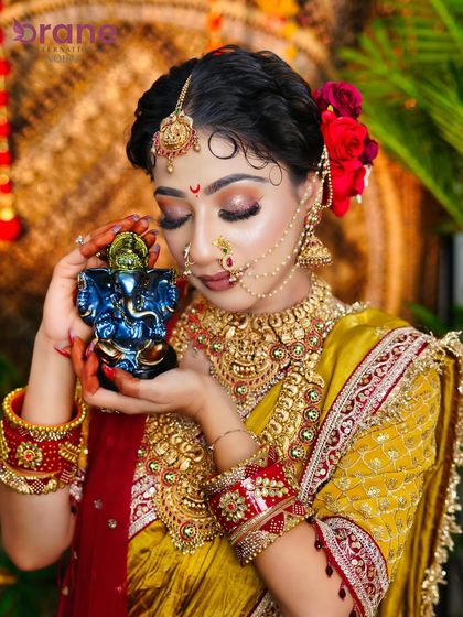 A close-up shot focusing on the emotional and devotional aspect of the theme, with the makeup enhancing the serene expression.