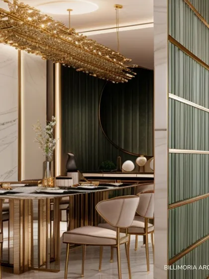A close-up of a dining area, showcasing the fluted green wall with gold inlay and a stunning linear gold chandelier. These details add layers of texture and opulence to the room.