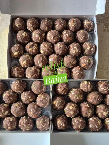 My gluten-free Ragi Laddoos, a superfood treat. I combine ragi flour with pure ghee, almonds, walnuts, cashews, pumpkin seeds, dink (gond), and dates, making them incredibly healthy and delicious.