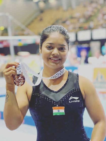 A proud moment for gymnast Pranati Nayak, showing off her well-deserved bronze medal from the FIG World Challenge Cup.