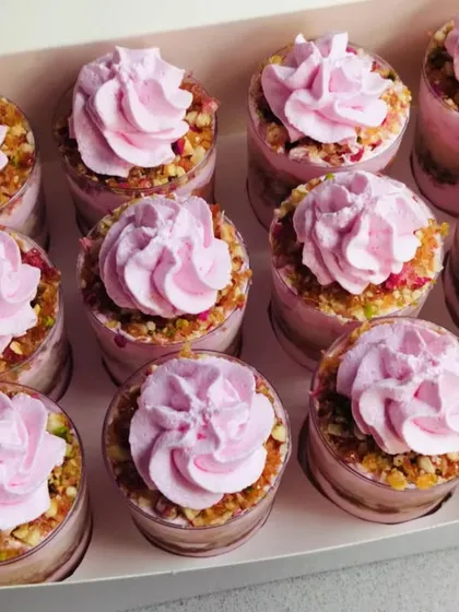 A modern take on a traditional sweet, these are my Rose Chikki dessert cups. They feature layers of crunchy, nutty rose chikki with a fragrant rose cream.