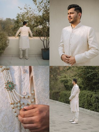 A collage showcasing the groom's elegant ivory sherwani, with details of his attire and different poses.