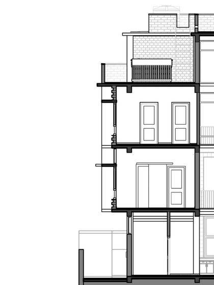 A cross-section of the renovated Hyderabad residence, showing how we added new floors and created double-height volumes by removing parts of the existing slab.