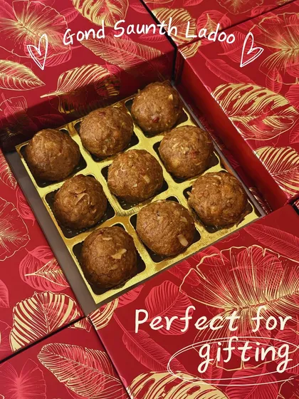 Our Gond Saunth Ladoo, packed in a festive red box, is perfect for gifting. These ladoos are not only delicious but also packed with wholesome ingredients.