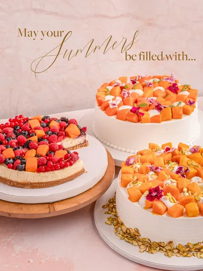 May your summers be filled with the finest seasonal Alphonso mangoes. This image displays a variety of my mango and berry cakes, handcrafted to bring the season to your table.