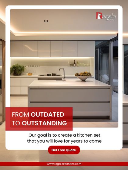 From outdated to outstanding. This graphic features a stunning, minimalist island kitchen, reinforcing our goal to create a kitchen set that you will love for years to come.