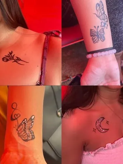 A collage of some of the temporary tattoos I did at Horn Ok Please. Butterflies, florals, and moons are always popular choices.