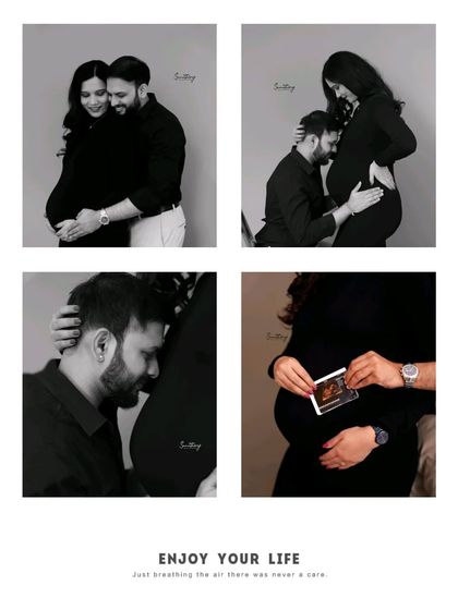 A collage of black and white images from a couple's session. It showcases a variety of intimate and artistic poses, telling a complete story of their love and anticipation.