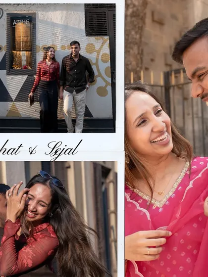 A fun and happy collage from a pre-wedding shoot in the streets of Mumbai. It captures the laughter and joy of the couple as they explore the city together.