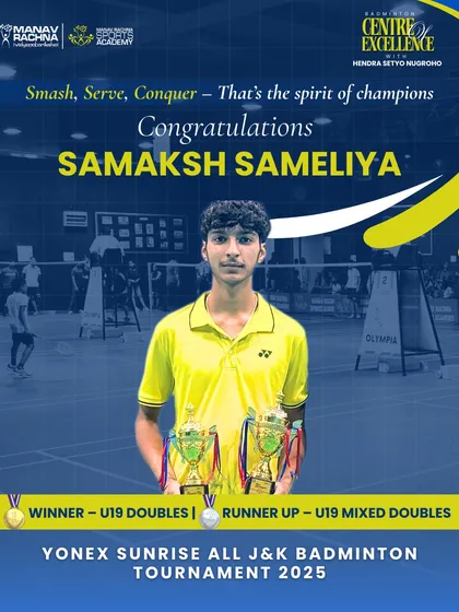 Samaksh Sameliya with his trophies from the Yonex Sunrise All J&K Badminton Tournament. His victory in U-19 Doubles and runner-up position in Mixed Doubles highlights his versatility and skill.