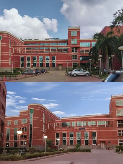 The Faculty of Social Sciences at Delhi University features an exposed red brick facade that connects with the campus's architectural heritage. The design incorporates large tinted windows to maximize daylight while minimizing heat.