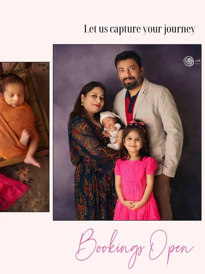 Let us capture your journey. This image beautifully combines a maternity family portrait with a shot of the newborn, showcasing the complete "Bump to Baby" story.