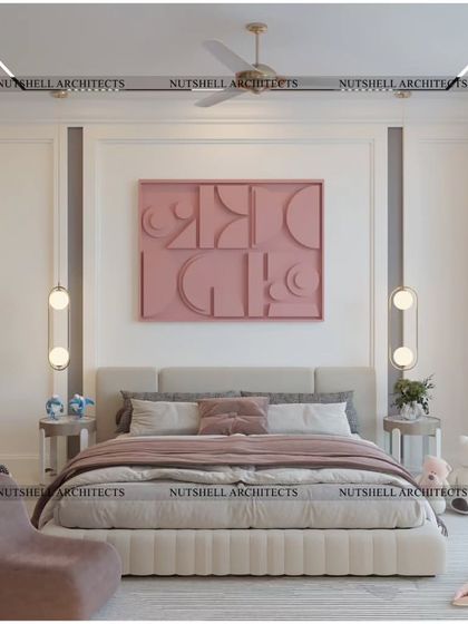 The focal point of this teen's bedroom is the custom 3D artwork in a soft pink hue, mounted above the bed. The design is clean and modern, with plush textures and a light color scheme creating a bright and cheerful space.