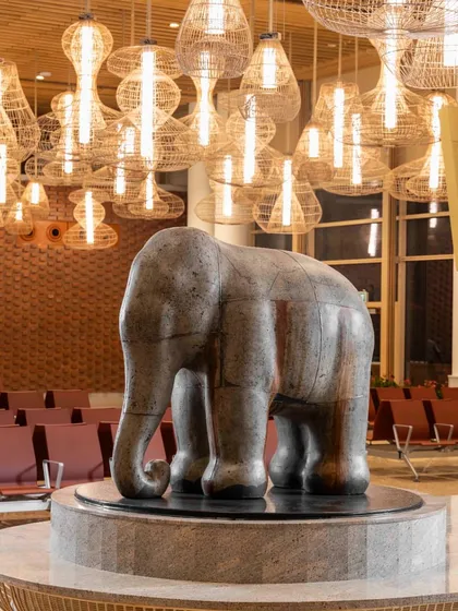 Arunkumar H. G.'s monumental sculpture 'Impinged II', crafted from recycled paper pulp, now resides at Terminal 2 of Kempegowda International Airport, Bengaluru. This acquisition showcases our commitment to placing significant contemporary Indian art in major public spaces.