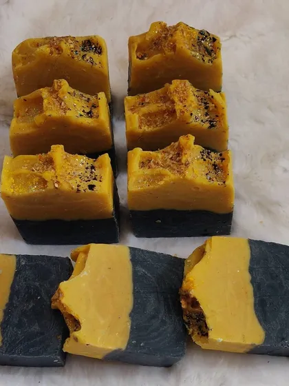 My Charcoal and Lemon Zest cold process soaps are a perfect treat for your skin. The charcoal absorbs excess oil while the lemon zest provides a gentle exfoliating effect.