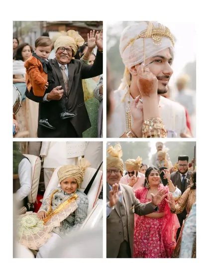 A collage capturing the vibrant energy of the groom's family during the Baraat. From a grandfather holding a child to the groom's joyful expression, it’s a celebration of generations.