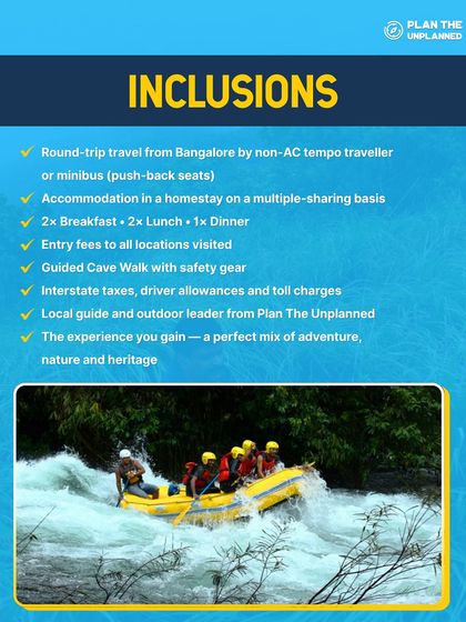 A list of inclusions for our North Kerala trip, highlighting activities like a guided cave walk and rafting.