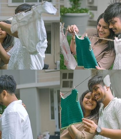 Hanging baby dreams one onesie at a time. This collage shows the fun and teamwork of a themed shoot, as the couple playfully prepares for their new arrival.