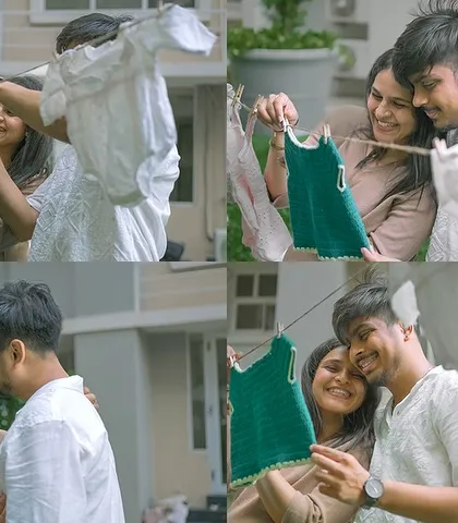 Hanging baby dreams one onesie at a time. This collage shows the fun and teamwork of a themed shoot, as the couple playfully prepares for their new arrival.