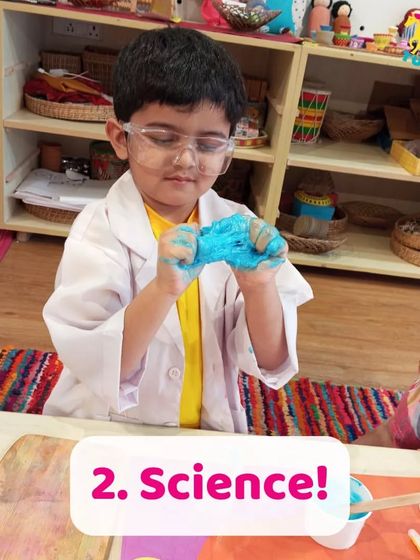 This little scientist is fascinated by the texture of his slime. Sensory play is a huge part of our science activities, helping kids learn through touch and exploration.