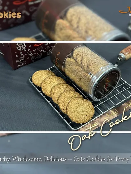 Freshly baked and cooling on the rack, our Oats Cookies are a picture of wholesome perfection. This image showcases their rustic texture and the promise of a crunchy, delicious, and healthy treat.
