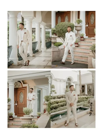 A collage of solo portraits of the groom, Kyle, looking dapper in his off white suit. We make sure the groom's style is also captured perfectly.