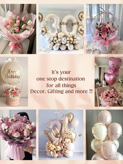 We are your one stop destination for all things gifting and decor. This collage gives you a glimpse of our range, including fresh pink tulip bouquets, milestone birthday balloon arrangements, and our signature personalized Bobo Boxes.