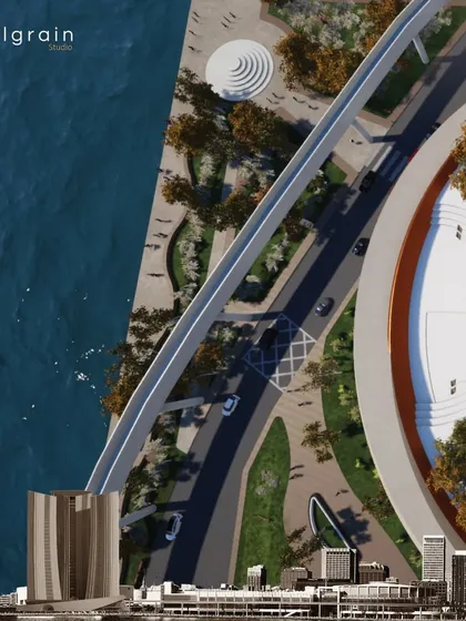 A duplicate of 102, this aerial collage shows the master plan for the Detroit waterfront.