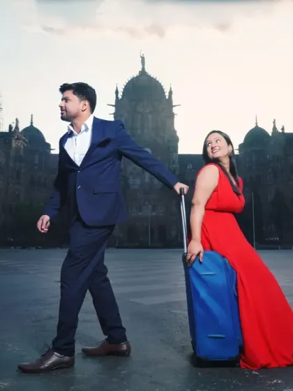 A playful pre-wedding concept shoot near CSMT, telling a story of a journey together. We love working with couples to bring creative and fun ideas like this to life.
