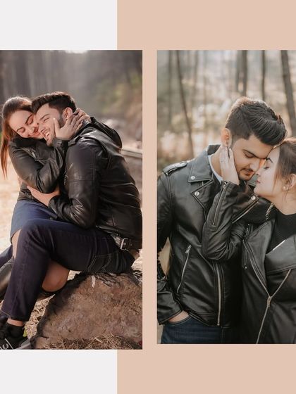 This two-panel image shows both the playful and the tender side of love, with the couple sharing a laugh and a gentle caress during their forest pre-wedding shoot.