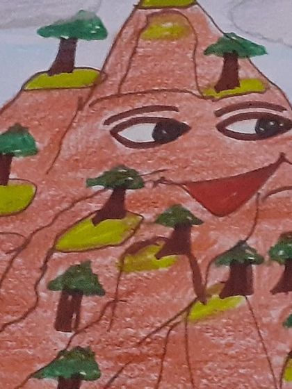 A whimsical, smiling mountain brought to life by a participant's imagination. My goal is to spark this kind of creative interpretation.