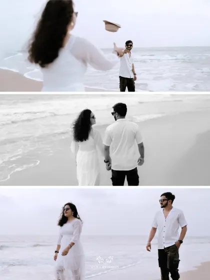 A collage of moments from a beach photoshoot, capturing the couple's fun and romantic interactions by the sea.
