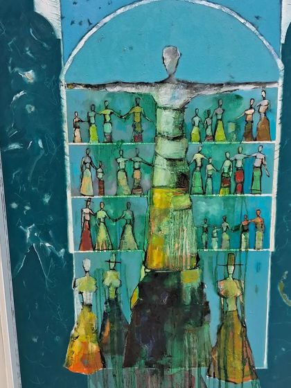 A symbolic painting depicting a large figure composed of many smaller ones, showcased at the event.