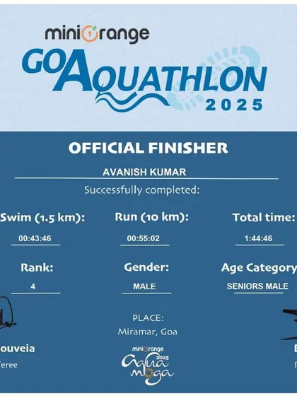 A finisher certificate for the Goa Aquathlon, combining a 1.5km swim and a 10km run. Our training prepares athletes for multi-sport events like triathlons and aquathlons.