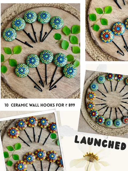 A collage of our newly launched mini ceramic wall hooks. They are strong, sturdy, and add a beautiful pop of color to any wall.
