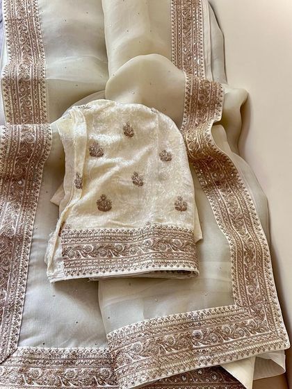 A look at my Sabyasachi-inspired collection. These sets feature pure organza sarees with detailed borders, paired with luxurious velvet designer blouses. They are available in a range of beautiful colors like brown, navy, green, black, yellow, purple, and off-white.