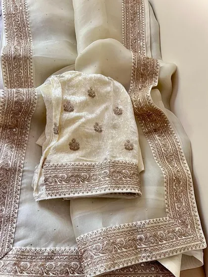 A look at my Sabyasachi-inspired collection. These sets feature pure organza sarees with detailed borders, paired with luxurious velvet designer blouses. They are available in a range of beautiful colors like brown, navy, green, black, yellow, purple, and off-white.