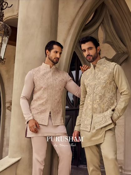 Another look at my coordinated pastel jackets. The soft pink and pale olive green are embroidered with similar motifs, creating a harmonious look for the groom's party.
