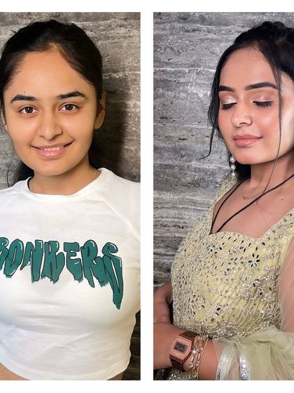 A fresh and youthful party makeover. We gave her a soft, shimmery eye look and a natural base that enhances her features without looking heavy.